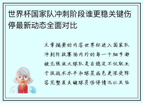 世界杯国家队冲刺阶段谁更稳关键伤停最新动态全面对比 世界杯国家队冲刺阶段谁更稳关键伤停最新动态全面对比